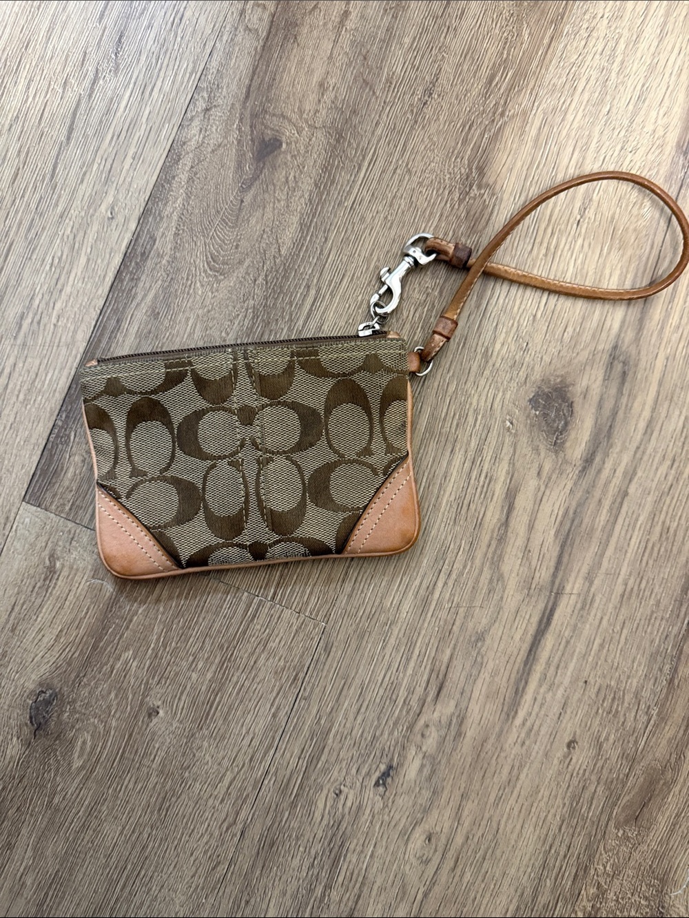 Coach Brown Signature Canvas Wristlet with Tan Leather Trim